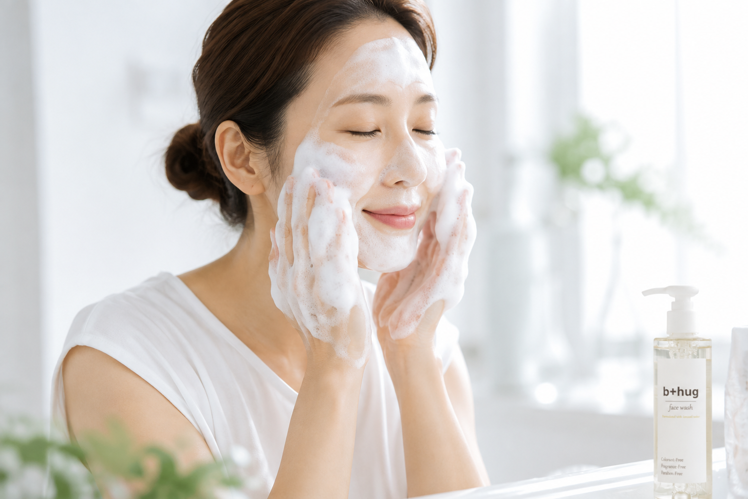 女性がb＋hugフェイスウォッシュの泡で顔をやさしく洗っている様子