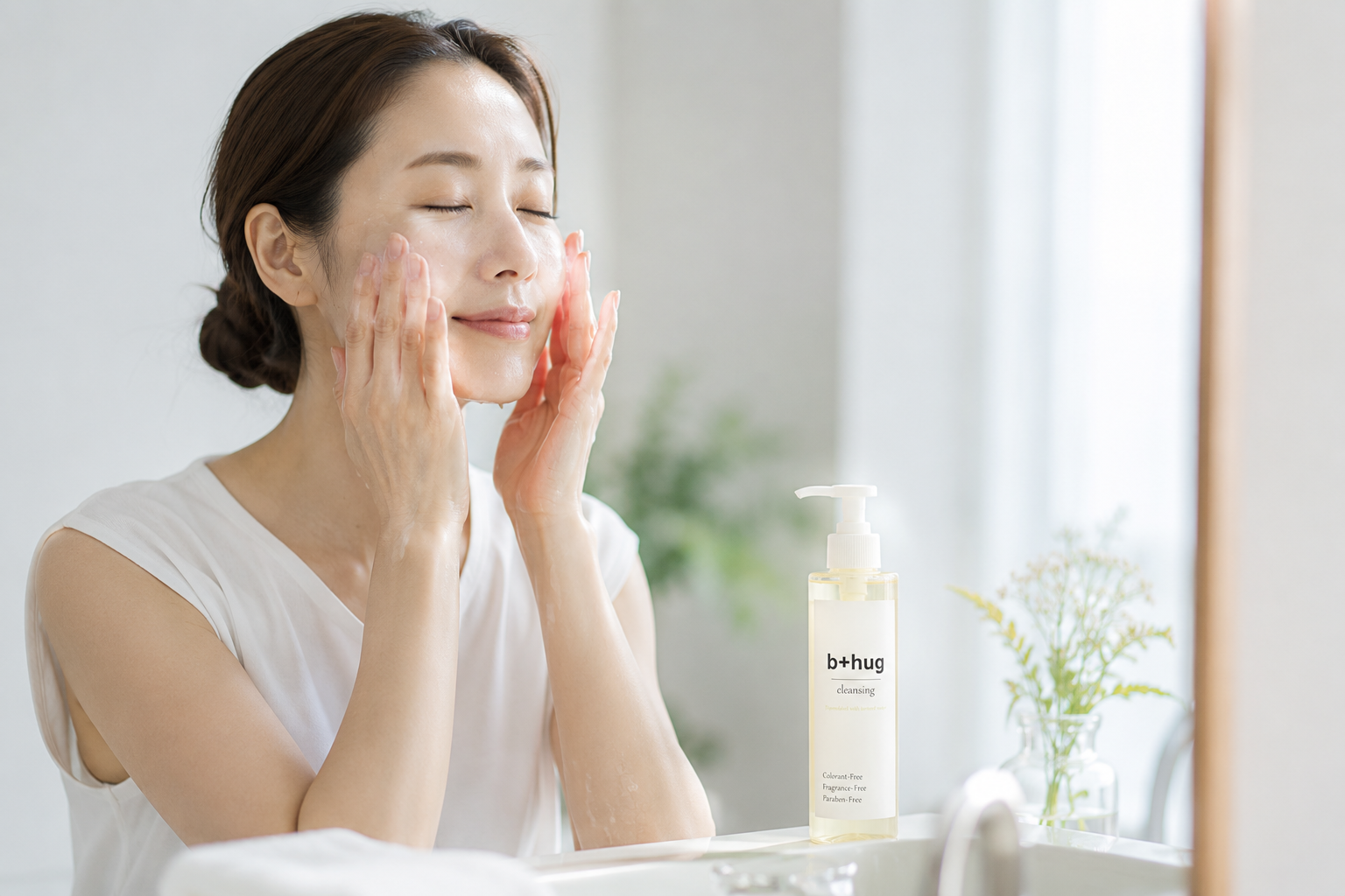 女性がb＋hugクレンジングを顔全体へやさしくなじませている様子